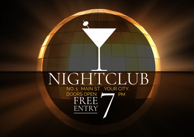 Glamorous Nightclub Poster with Martini Glass and Glowing Globe - Download Free Stock Templates Pikwizard.com