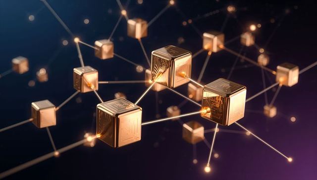 Golden blockchain network connecting floating metallic cubes with glowing nodes