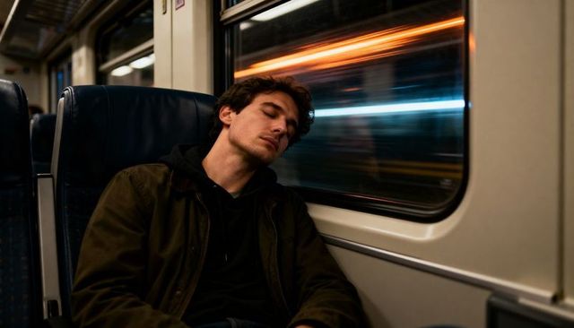 Young commuter sleeping on night train leaning on window with neon light streaks