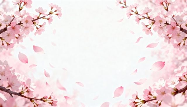 Cherry blossom frame with falling petals and soft pastel sky for spring background
