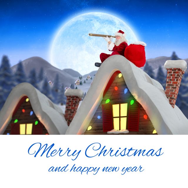 Perfect for Christmas greetings, holiday postcards, social media posts about winter celebrations, and festive event promotions. Captures the magic of Christmas with Santa Claus inspecting the night sky from a decorated rooftop, ideal for evoking a sense of wonder and joy during the festive season.