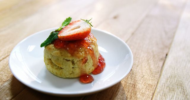 A freshly baked scone topped with strawberry jam and a slice of strawberry rests on a wooden table, with copy space. Its presentation suggests a delightful treat for a tea time or breakfast setting.