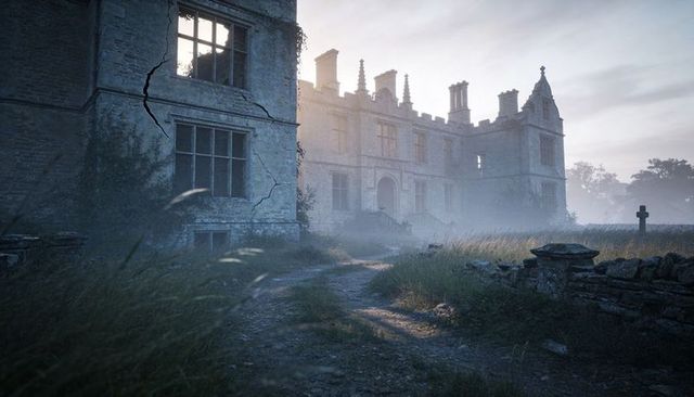 Misty abandoned manor looming over overgrown dirt path, crumbling stone facade, gothic ruin