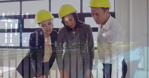 Architects Analyzing Building Plans with Financial Graphs Overlay