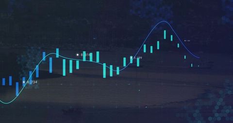 Teal Candlestick Chart with Blue Moving Average Line on Dark Financial Tech Background