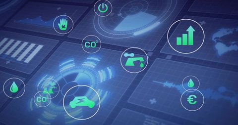 Futuristic energy dashboard displaying sustainability metrics hud with smart grid icons