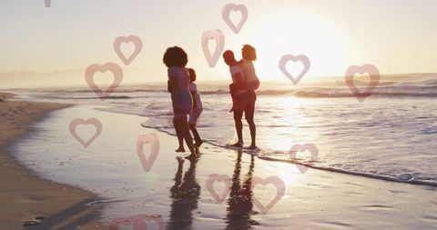 Family Bonding at Sunset Beach Walk with Heart Overlay