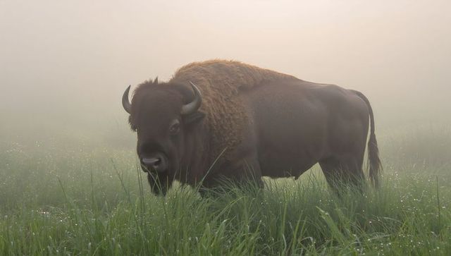 Misty dawn american bison standing in dewy grassland showing shoulder hump, curved horns