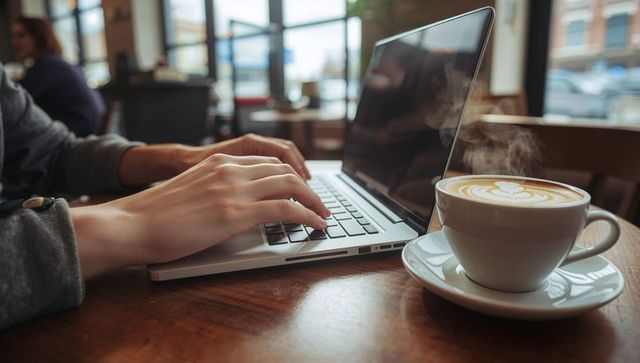 Hands Typing on Laptop at Coffee Shop Table with Latte