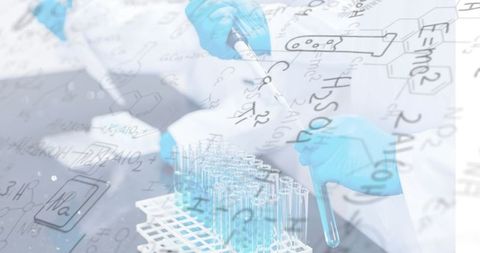 Scientists Conducting Experiments with Chemical Formulas Overlay