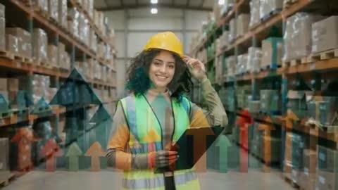 Warehouse Employee Using Tablet with Virtual Arrow Overlay