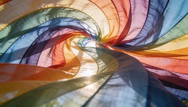 Sunlit rainbow fabric vortex twirling overhead canopy of translucent spiral panels