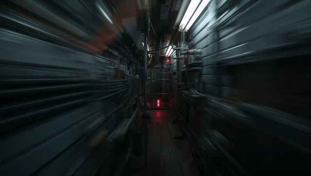 Narrow industrial corridor leading to red exit light with bundled pipes and motion blur