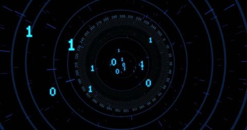 Futuristic blue digital interface with rotating binary digits