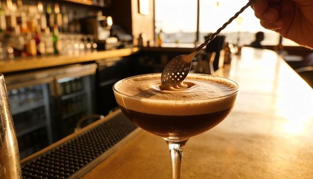 Bartender stirring frothy espresso cocktail in coupe glass under golden bar light with bar spoon