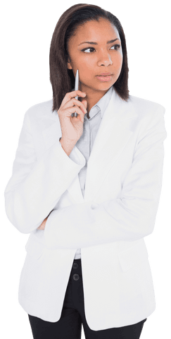 Confident Businesswoman Holding Pen Looking Curious Portrait With Transparent Background