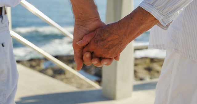 Senior caucasian couple holding hands by sea. Retirement, relationship, love, togetherness, free time and relaxing, unaltered.