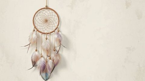Bohemian dreamcatcher with pastel feathers against textured wall