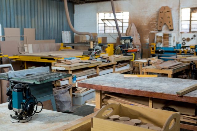 This image depicts a busy carpentry workshop filled with various tools, machinery, and woodworking projects. It is ideal for use in articles or advertisements related to woodworking, craftsmanship, DIY projects, industrial workspaces, or artisan manufacturing. The scene conveys a sense of industriousness and skill, making it suitable for promoting carpentry services, woodworking classes, or tool and equipment sales.