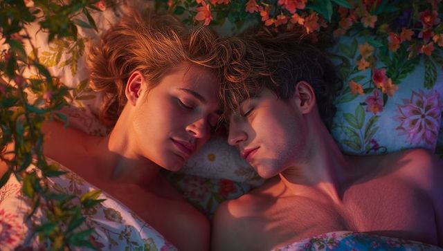 Couple sleeping peacefully in floral garden setting