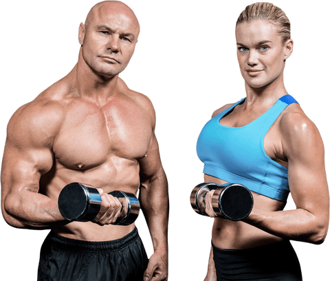 Transparent muscular duo lifting dumbbells portrait