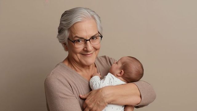 Grandmother smiling and cradling newborn baby against soft beige background