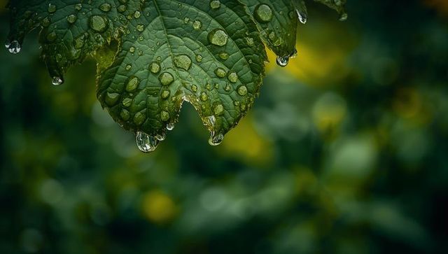 Rain-drenched serrated leaf dripping crystal droplets over blurred green bokeh background