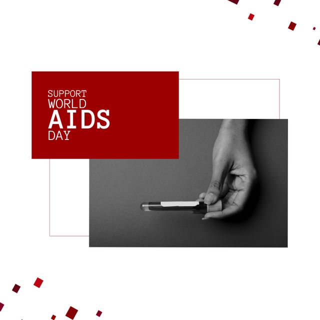 Designed for raising awareness about World AIDS Day. Shows female hand holding a test tube with blood sample. Useful for healthcare campaigns, educational materials, and social media promotions focusing on HIV awareness and testing.