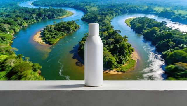 Matte white cosmetic bottle standing on ledge with aerial rainforest river panorama eco skincare moc
