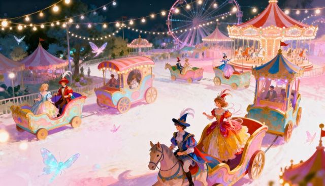 Romantic carnival carriage riding through pastel night fair with carousel and fairy lights