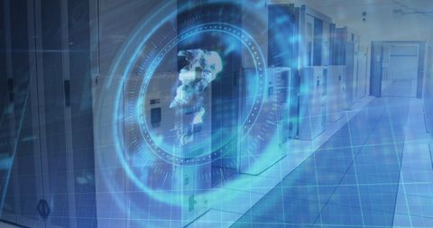 Digital russian ruble symbol floating over secure data servers