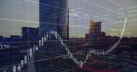 Digital financial data over urban skyline at dusk