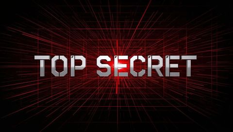 Top Secret Metallic Title over Red Cyber Grid, Neon Glow and Wireframe Tunnel Perspective