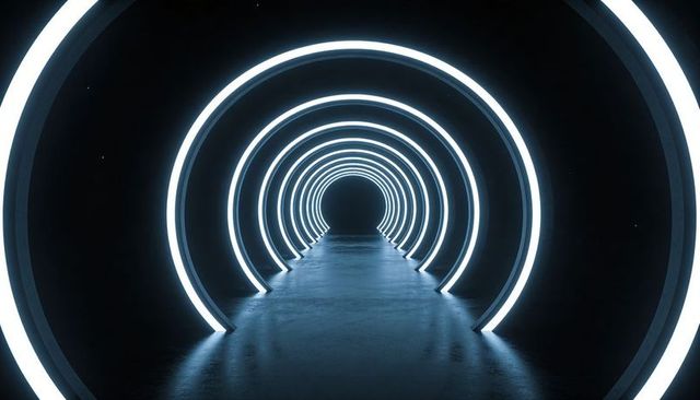Futuristic neon tunnel with glowing concentric led rings and symmetrical vanishing point