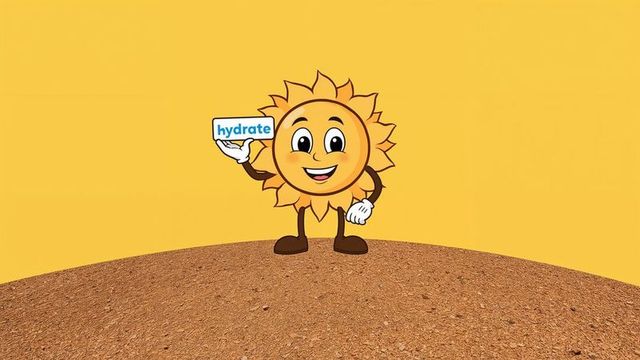Sun character advocating hydration on cracked earth