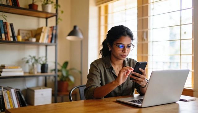 Young woman working from home using smartphone and laptop at sunlit wooden desk