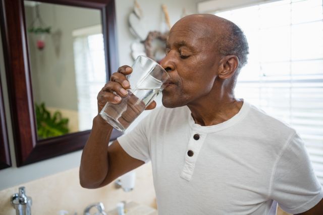 Senior man drinking water in bathroom at home, emphasizing health and hydration. Useful for topics on senior wellness, daily routines, self-care, and healthy living. Ideal for healthcare promotions, lifestyle blogs, and senior care advertisements.
