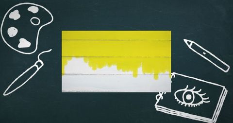 Colorful pencils with art icons on blue background