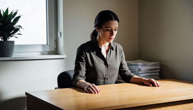 Pensive woman sitting at minimalist wooden desk in quiet office with natural light