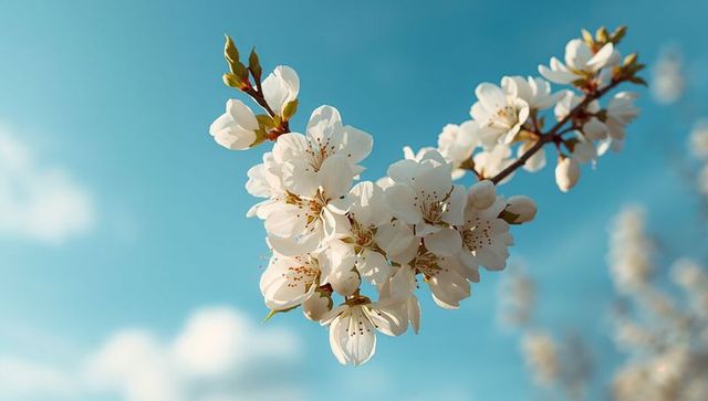 White Cherry Blossom Cluster Against Bright Blue Sky, Spring Flower Closeup