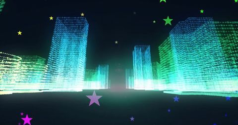 Neon grid city corridor leading toward horizon glow in futuristic digital skyline