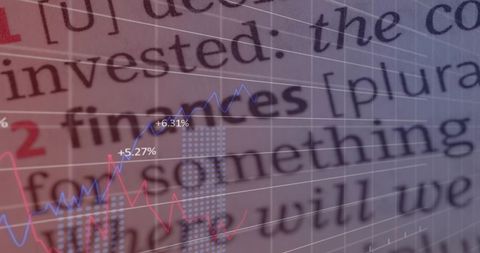 Financial data overlay showing blue and red trend charts over blurred serif text editorial