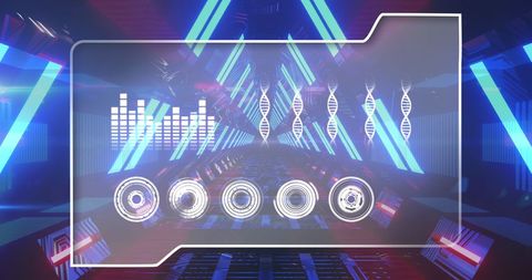 Futuristic interface with medical data and dna in digital corridor