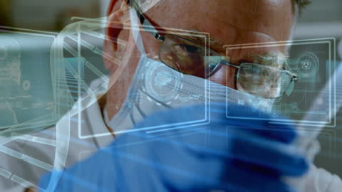 Scientist Analyzing DNA Strands with Digital Interface
