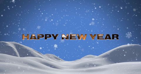 golden 'happy new year' text appears against backdrop of softly falling snowflakes on a vivid blue sky. gentle snow adds a feeling of wintry charm and anticipation for the new year. perfect for holiday greeting cards, social media posts, new year event invitations, and promotional materials for seasonal sales.