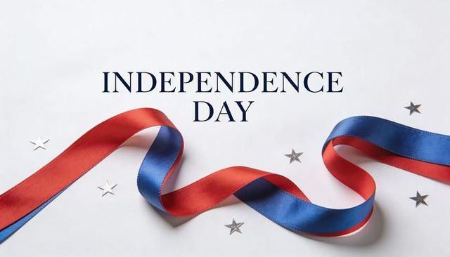 Curling Red and Blue Satin Ribbon with INDEPENDENCE DAY Text and Silver Star Confetti