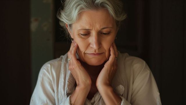 Senior woman touching jaw and cheeks while looking pensive warm intimate portrait