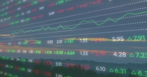 Dusk skyline with translucent stock market ticker overlay showing market trends and data