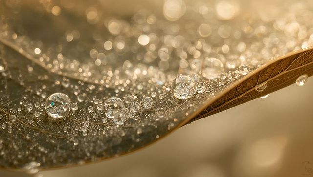 Golden dewdrop macro on curled brown leaf glowing under backlight with bokeh sun