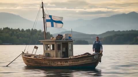 Fisherman Steadying on Wooden Skiff while Finnish Flag Fluttering over Misty Lake